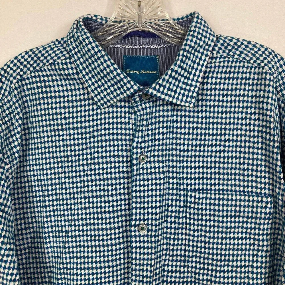 Tommy Bahama Shirt Mens Sz‎ XL Blue White Woven Cotton Button Up Pocket